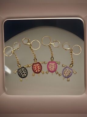 Turtle Rhinestone Enamel Gold Tone Purse Bag Charm Keychain New